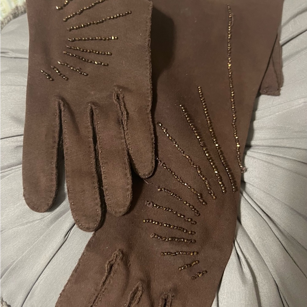 Elegant Vintage Brown Beaded 3/4 Length Gloves
